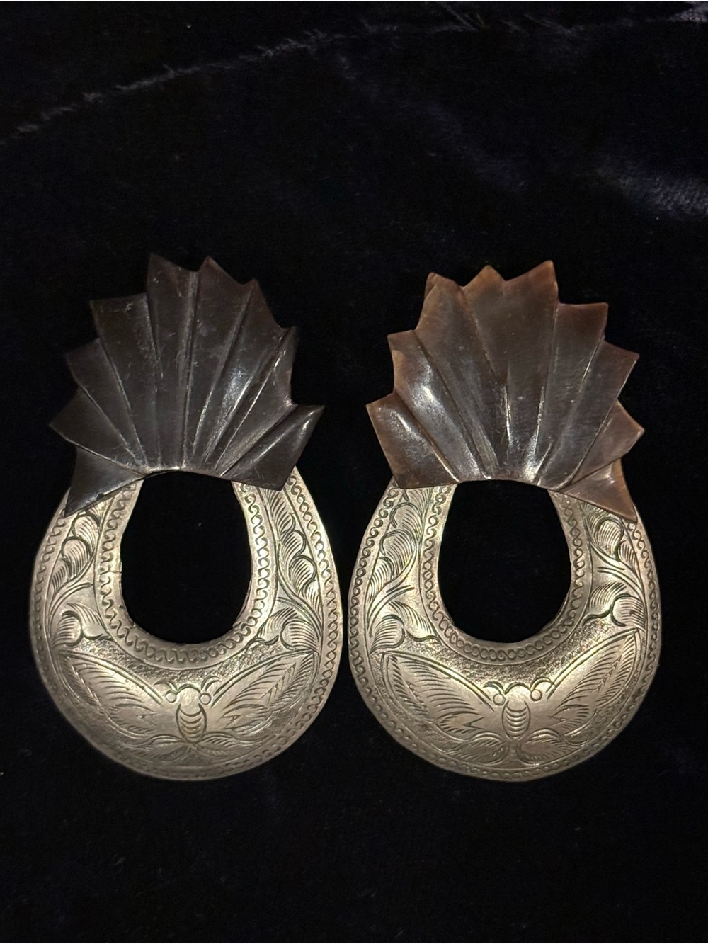 Antique Tribal Etched Butterfly  Hoop Earrings with Fan Accents.